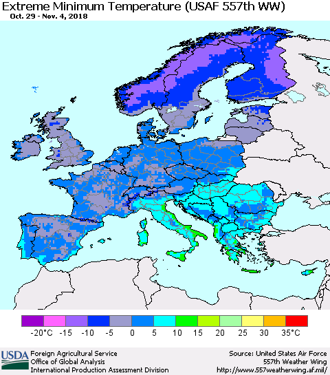 Europe Minimum Daily Temperature (USAF 557th WW) Thematic Map For 10/29/2018 - 11/4/2018