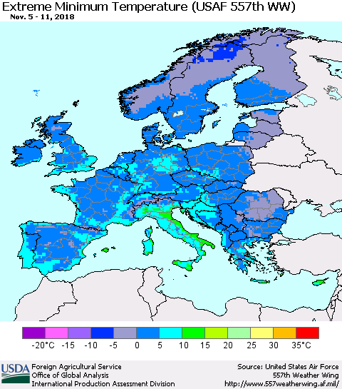 Europe Minimum Daily Temperature (USAF 557th WW) Thematic Map For 11/5/2018 - 11/11/2018