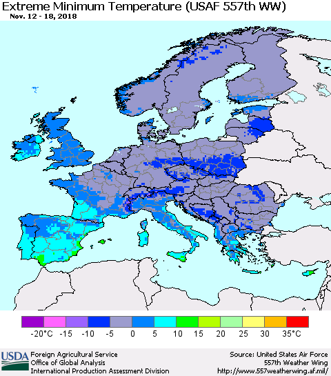 Europe Minimum Daily Temperature (USAF 557th WW) Thematic Map For 11/12/2018 - 11/18/2018