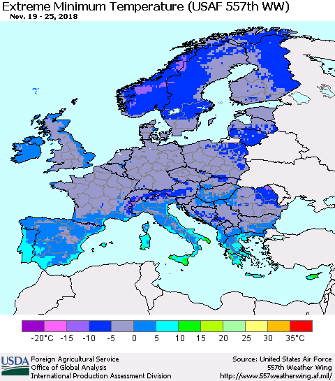 Europe Minimum Daily Temperature (USAF 557th WW) Thematic Map For 11/19/2018 - 11/25/2018