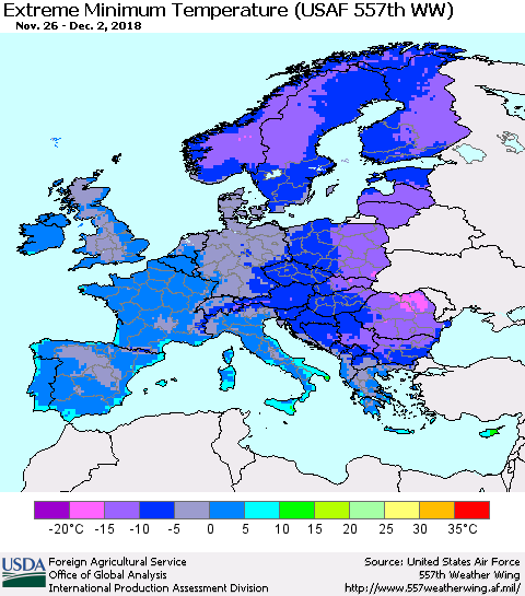 Europe Minimum Daily Temperature (USAF 557th WW) Thematic Map For 11/26/2018 - 12/2/2018
