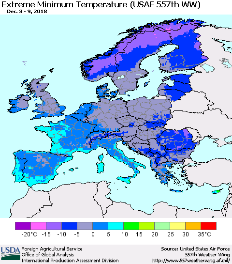Europe Minimum Daily Temperature (USAF 557th WW) Thematic Map For 12/3/2018 - 12/9/2018