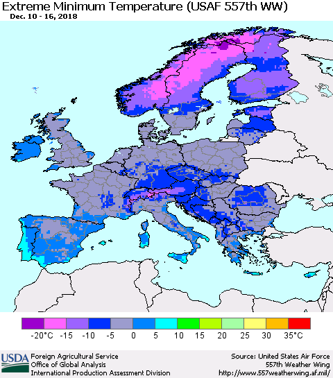 Europe Minimum Daily Temperature (USAF 557th WW) Thematic Map For 12/10/2018 - 12/16/2018