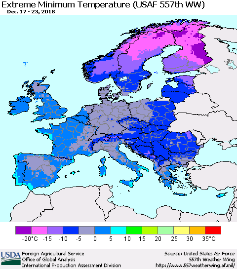 Europe Minimum Daily Temperature (USAF 557th WW) Thematic Map For 12/17/2018 - 12/23/2018