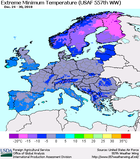 Europe Minimum Daily Temperature (USAF 557th WW) Thematic Map For 12/24/2018 - 12/30/2018