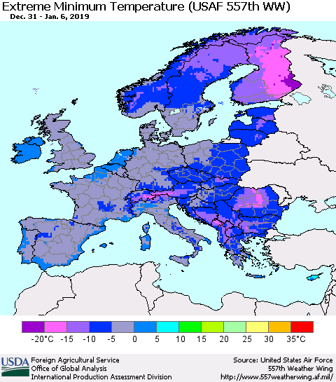Europe Minimum Daily Temperature (USAF 557th WW) Thematic Map For 12/31/2018 - 1/6/2019
