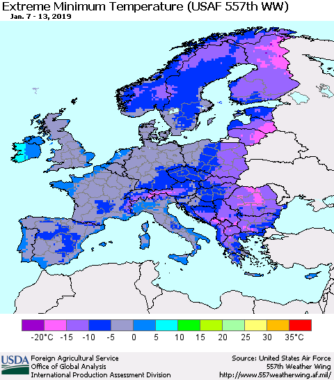 Europe Minimum Daily Temperature (USAF 557th WW) Thematic Map For 1/7/2019 - 1/13/2019