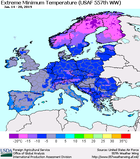 Europe Minimum Daily Temperature (USAF 557th WW) Thematic Map For 1/14/2019 - 1/20/2019