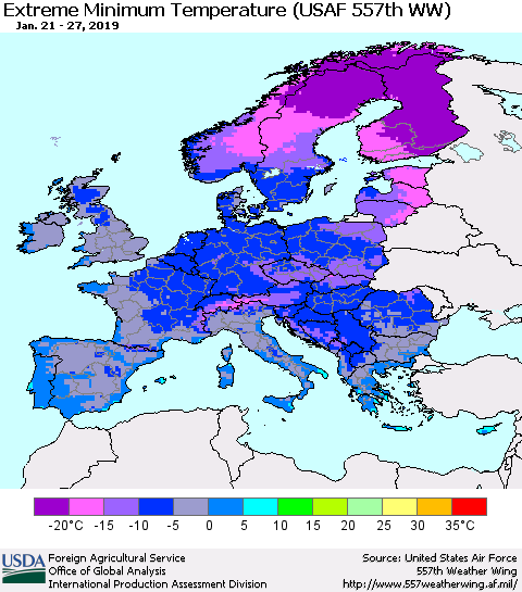 Europe Minimum Daily Temperature (USAF 557th WW) Thematic Map For 1/21/2019 - 1/27/2019