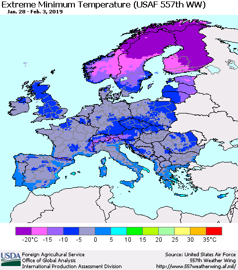 Europe Minimum Daily Temperature (USAF 557th WW) Thematic Map For 1/28/2019 - 2/3/2019