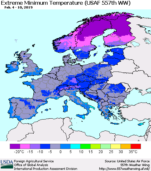 Europe Minimum Daily Temperature (USAF 557th WW) Thematic Map For 2/4/2019 - 2/10/2019