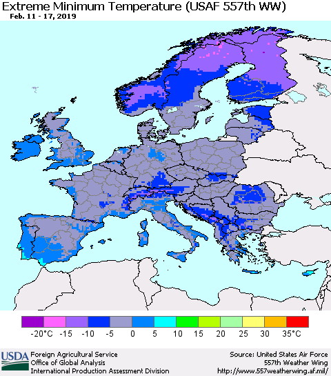 Europe Minimum Daily Temperature (USAF 557th WW) Thematic Map For 2/11/2019 - 2/17/2019