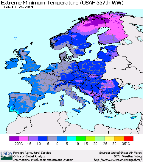 Europe Minimum Daily Temperature (USAF 557th WW) Thematic Map For 2/18/2019 - 2/24/2019