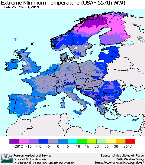 Europe Minimum Daily Temperature (USAF 557th WW) Thematic Map For 2/25/2019 - 3/3/2019