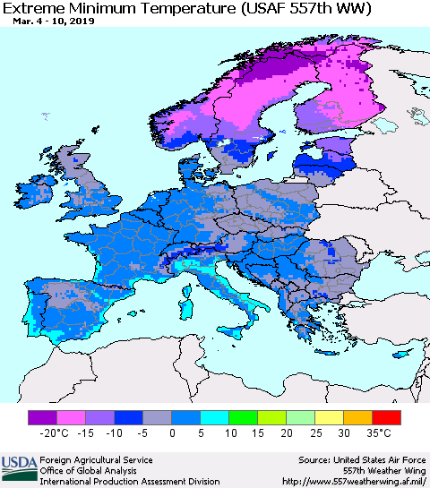 Europe Minimum Daily Temperature (USAF 557th WW) Thematic Map For 3/4/2019 - 3/10/2019