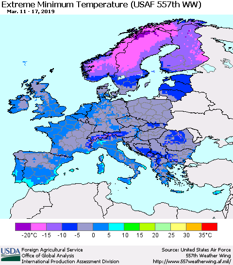 Europe Minimum Daily Temperature (USAF 557th WW) Thematic Map For 3/11/2019 - 3/17/2019