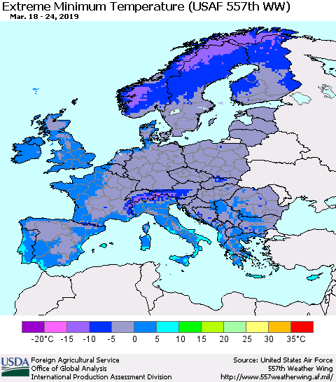 Europe Minimum Daily Temperature (USAF 557th WW) Thematic Map For 3/18/2019 - 3/24/2019