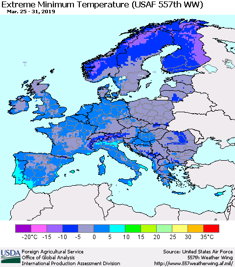 Europe Minimum Daily Temperature (USAF 557th WW) Thematic Map For 3/25/2019 - 3/31/2019