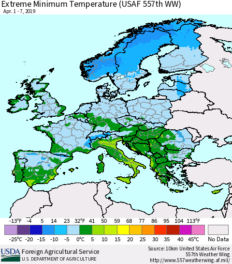 Europe Minimum Daily Temperature (USAF 557th WW) Thematic Map For 4/1/2019 - 4/7/2019
