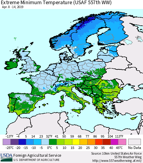 Europe Minimum Daily Temperature (USAF 557th WW) Thematic Map For 4/8/2019 - 4/14/2019