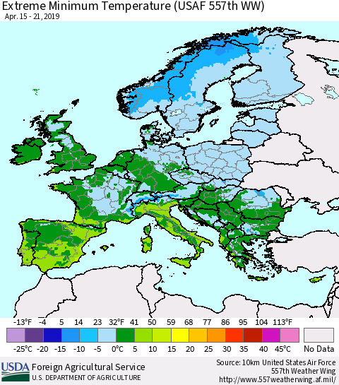 Europe Minimum Daily Temperature (USAF 557th WW) Thematic Map For 4/15/2019 - 4/21/2019
