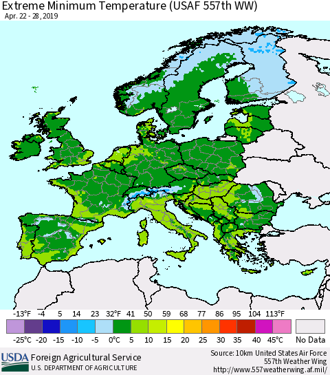 Europe Minimum Daily Temperature (USAF 557th WW) Thematic Map For 4/22/2019 - 4/28/2019