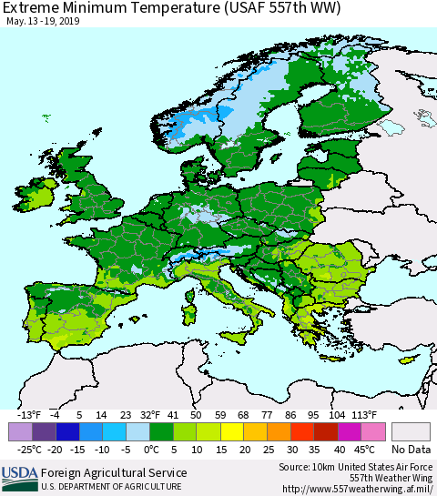 Europe Minimum Daily Temperature (USAF 557th WW) Thematic Map For 5/13/2019 - 5/19/2019