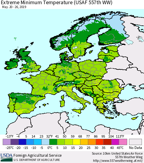 Europe Minimum Daily Temperature (USAF 557th WW) Thematic Map For 5/20/2019 - 5/26/2019