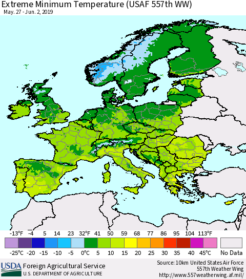 Europe Minimum Daily Temperature (USAF 557th WW) Thematic Map For 5/27/2019 - 6/2/2019