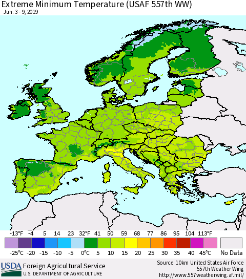 Europe Minimum Daily Temperature (USAF 557th WW) Thematic Map For 6/3/2019 - 6/9/2019