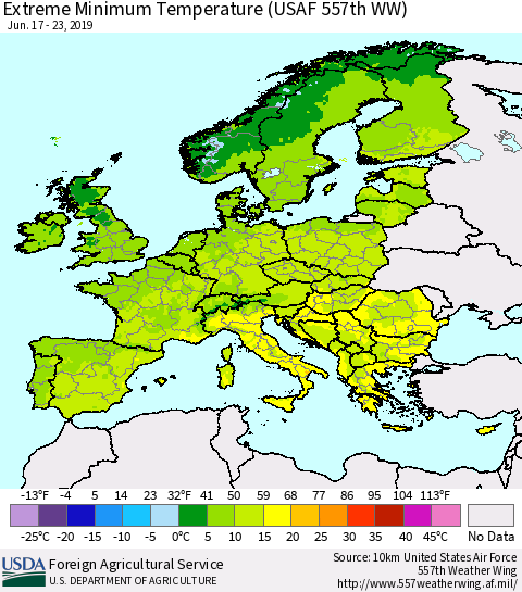 Europe Minimum Daily Temperature (USAF 557th WW) Thematic Map For 6/17/2019 - 6/23/2019
