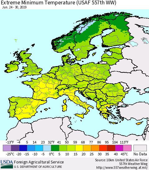 Europe Minimum Daily Temperature (USAF 557th WW) Thematic Map For 6/24/2019 - 6/30/2019