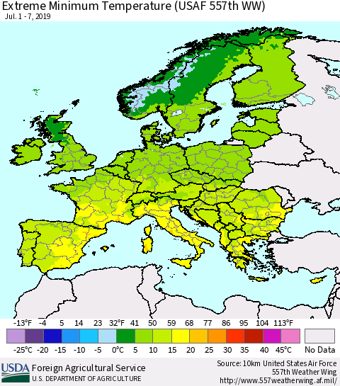 Europe Minimum Daily Temperature (USAF 557th WW) Thematic Map For 7/1/2019 - 7/7/2019