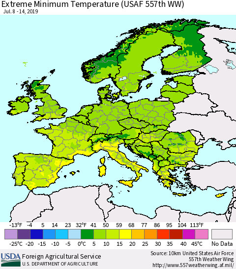 Europe Minimum Daily Temperature (USAF 557th WW) Thematic Map For 7/8/2019 - 7/14/2019