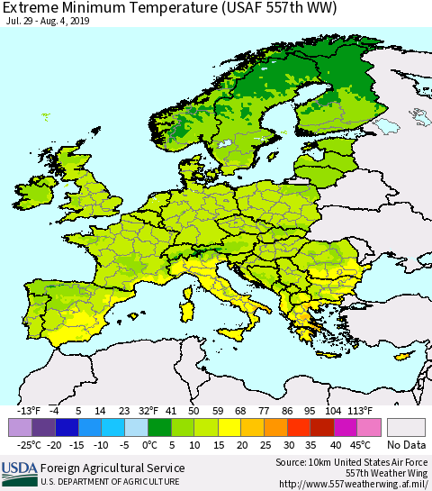 Europe Minimum Daily Temperature (USAF 557th WW) Thematic Map For 7/29/2019 - 8/4/2019