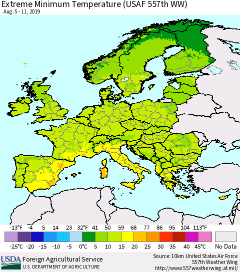 Europe Minimum Daily Temperature (USAF 557th WW) Thematic Map For 8/5/2019 - 8/11/2019