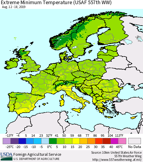 Europe Minimum Daily Temperature (USAF 557th WW) Thematic Map For 8/12/2019 - 8/18/2019