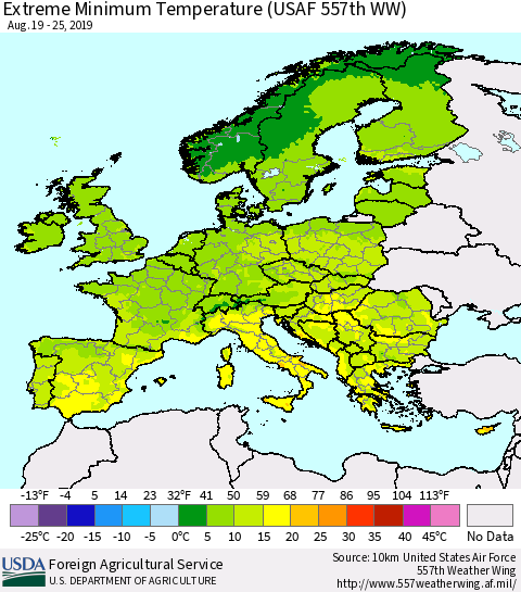 Europe Minimum Daily Temperature (USAF 557th WW) Thematic Map For 8/19/2019 - 8/25/2019
