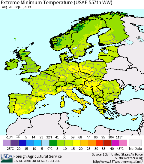 Europe Minimum Daily Temperature (USAF 557th WW) Thematic Map For 8/26/2019 - 9/1/2019
