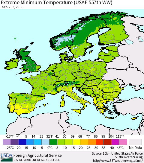 Europe Minimum Daily Temperature (USAF 557th WW) Thematic Map For 9/2/2019 - 9/8/2019