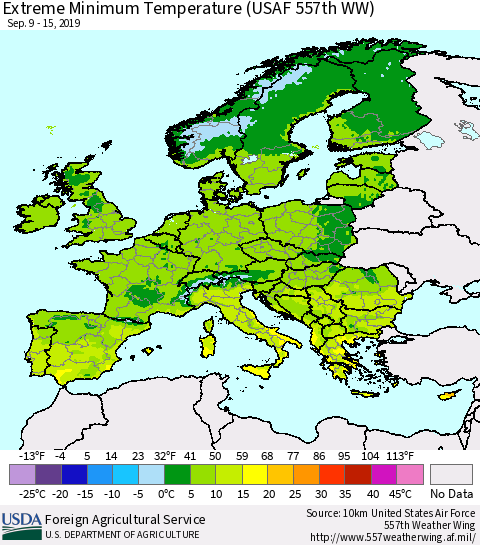 Europe Minimum Daily Temperature (USAF 557th WW) Thematic Map For 9/9/2019 - 9/15/2019