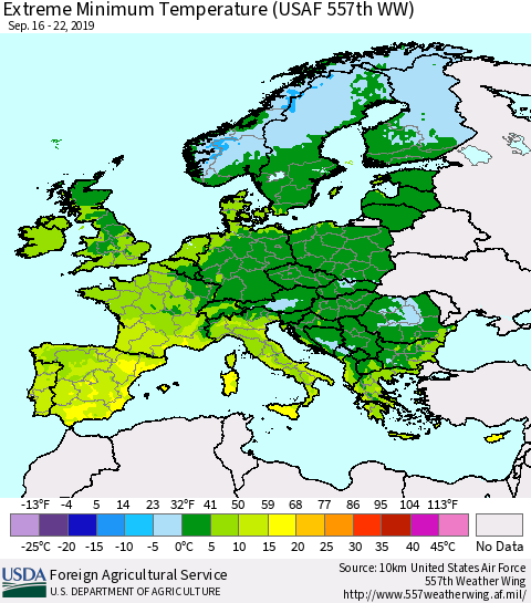 Europe Minimum Daily Temperature (USAF 557th WW) Thematic Map For 9/16/2019 - 9/22/2019