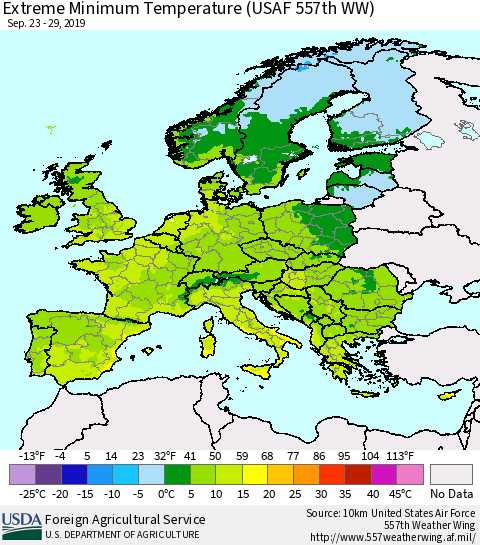 Europe Minimum Daily Temperature (USAF 557th WW) Thematic Map For 9/23/2019 - 9/29/2019