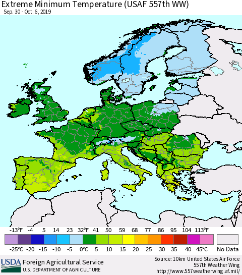 Europe Minimum Daily Temperature (USAF 557th WW) Thematic Map For 9/30/2019 - 10/6/2019