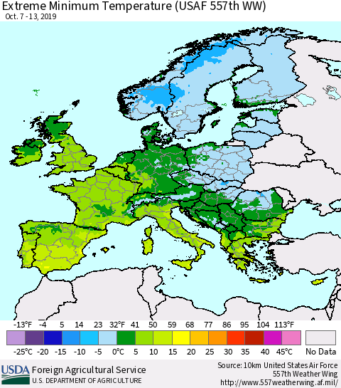 Europe Minimum Daily Temperature (USAF 557th WW) Thematic Map For 10/7/2019 - 10/13/2019