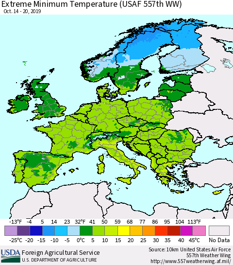 Europe Minimum Daily Temperature (USAF 557th WW) Thematic Map For 10/14/2019 - 10/20/2019
