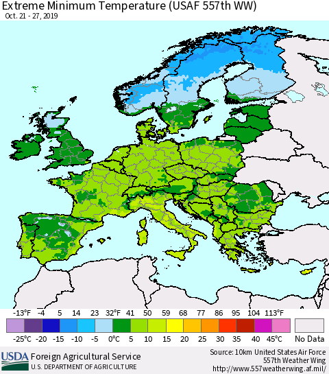 Europe Minimum Daily Temperature (USAF 557th WW) Thematic Map For 10/21/2019 - 10/27/2019