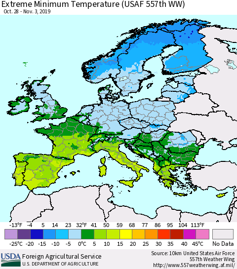 Europe Minimum Daily Temperature (USAF 557th WW) Thematic Map For 10/28/2019 - 11/3/2019