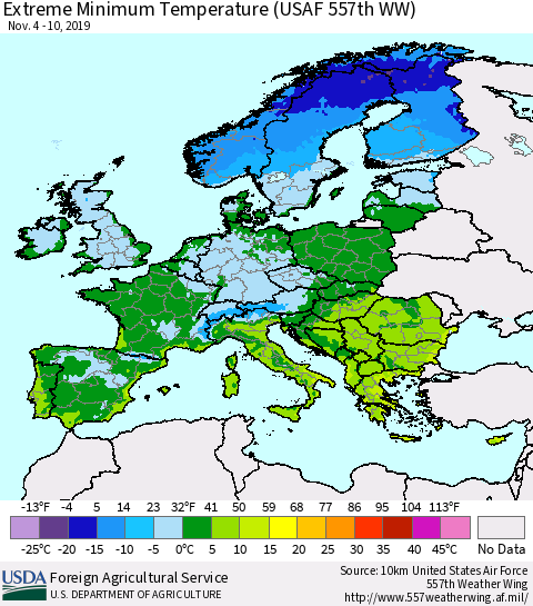Europe Minimum Daily Temperature (USAF 557th WW) Thematic Map For 11/4/2019 - 11/10/2019
