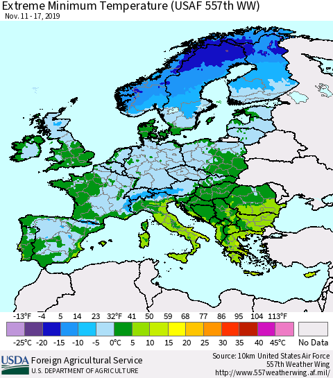 Europe Minimum Daily Temperature (USAF 557th WW) Thematic Map For 11/11/2019 - 11/17/2019